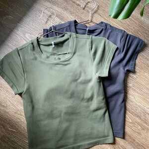 2 Calia Ribbed Short Sleeve Tops, built in bra